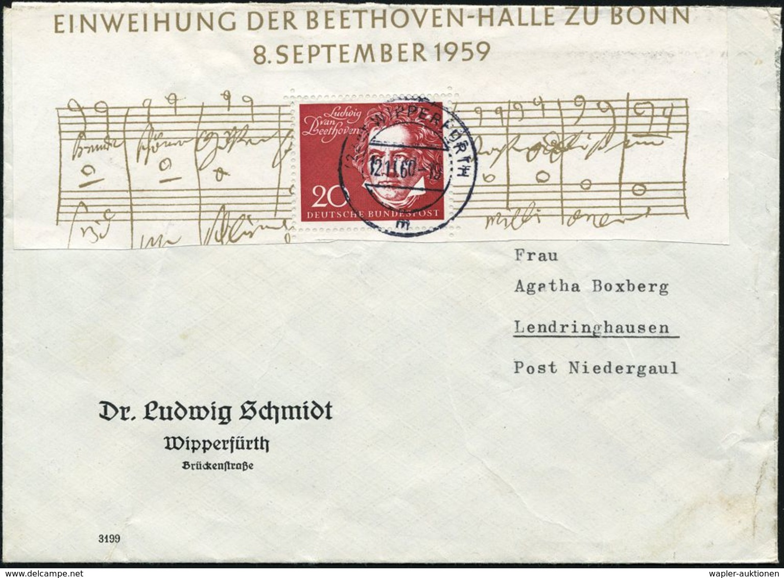 B.R.D. 1960 20 Pf. Beethoven, EF Block-Oberrand Mit Randinschrift U. Notenzeilen , Klar Gest. Inl.-Bf. (Mi.317 EF, + 75. - Musique