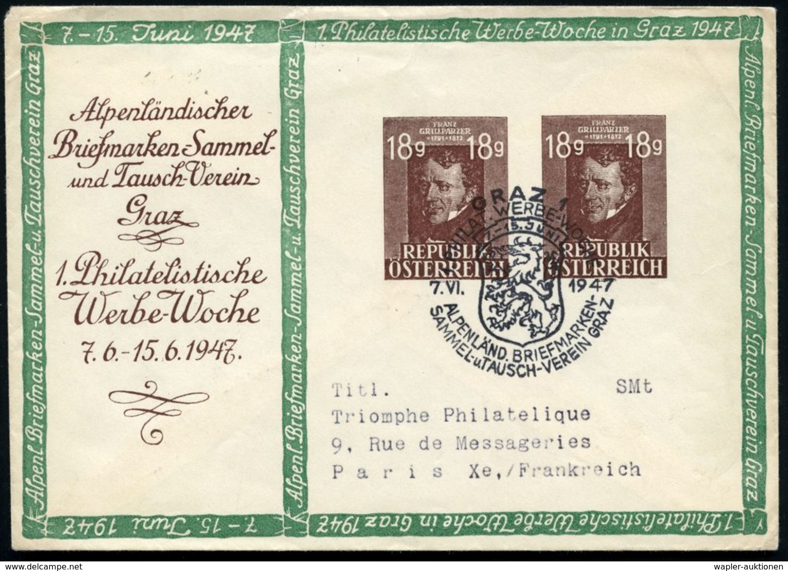 ÖSTERREICH 1947 (7.6.) PU 18 Gr.+ 18 Gr. Franz Grillparzer: ..Graz/1. Philatel Werbe-Woche + SSt.: GRAZ 1, Rs. Sowjet. Z - Musique