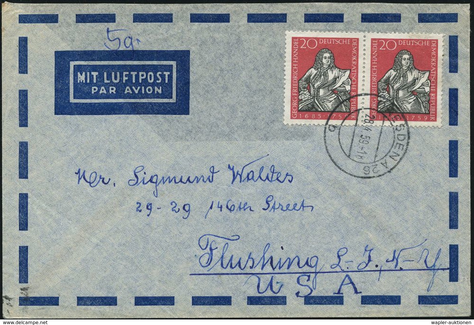 D.D.R. 1959 (28.4.) 20 Pf.  G. F. Händel, Reine MeF: Waager. Paar , Klar Gest. (Dresden) Übersee-Flp.-Bf. (rs. Fehlt Kla - Musique