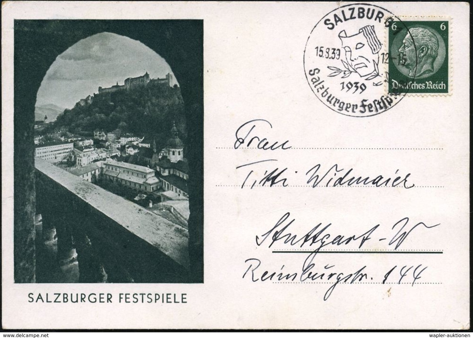 SALZBURG1/ Salzburger Festspiele 1939 (15.8.) SSt = Theatermaske (u. Lorbeer) Klar Auf Sonder-Bedarfs-Kt.: SALZBURGER FE - Musique