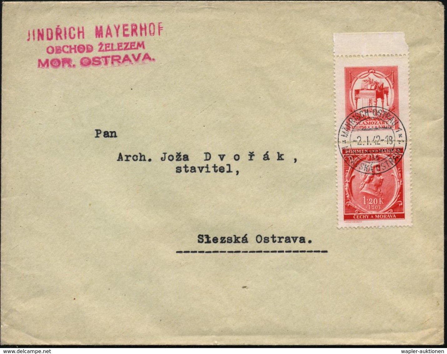 BÖHMEN & MÄHREN 1942 (2.1.) 1,20 Kr.+ 1,20 Kr. "150. Todestag Mozart" + Zierfeld Vom Oberrand , Klar Gest. M.-OSTRAU 1)  - Musique