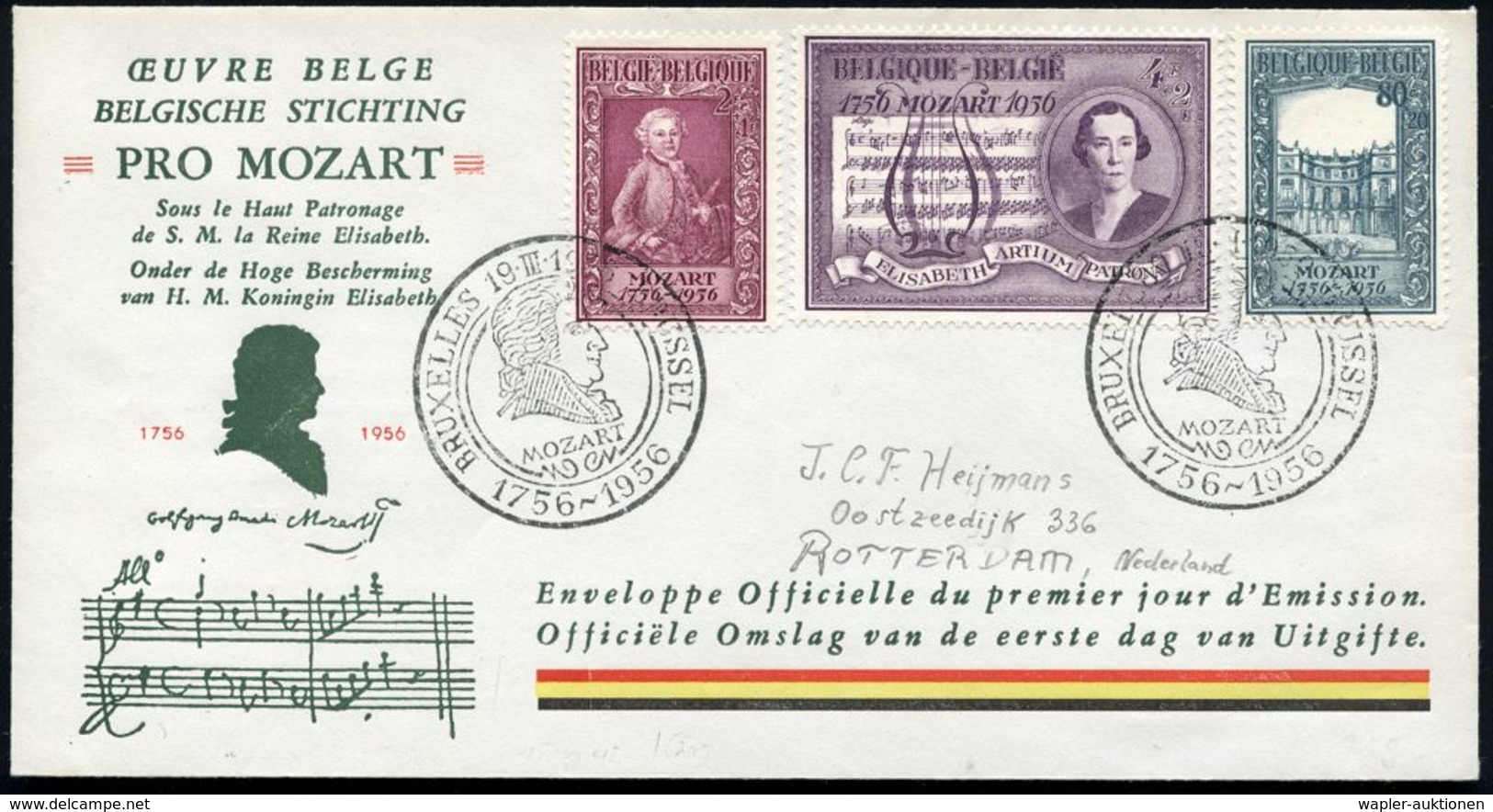 BELGIEN 1956 (19.3.) Mozart, Kompl.Satz , 2x Mozart-ET-SSt: BRUXELLES/MOZART/1756-1956 (Kopf) Klar Gest. Ausl.-FDC-SU.   - Música