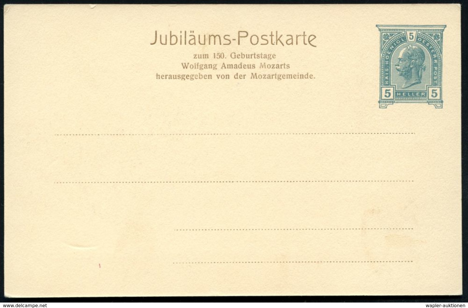 ÖSTERREICH 1906 (27.1.) PP 5 H. KFJ-Jubiläum, Grün: Mozart Im Oval, + Engel, Engel-Orchester Im Himmel (u. Salzburger Do - Música