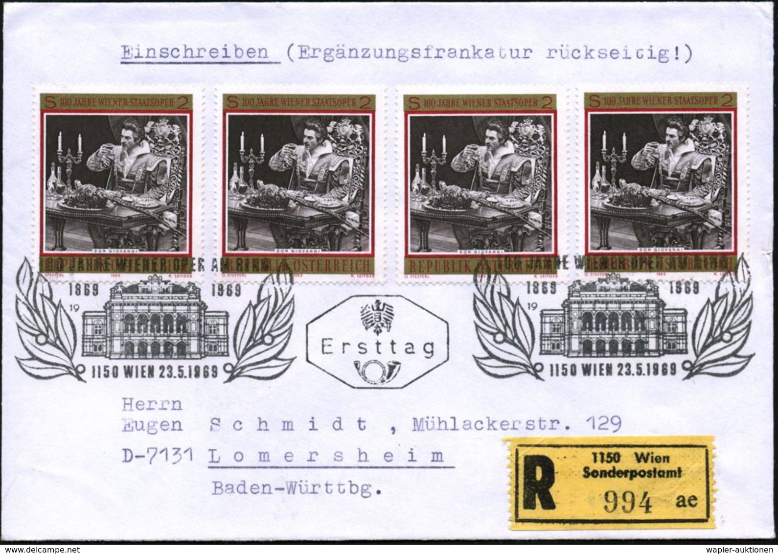 ÖSTERREICH 1969 (23.5.) 2 S. "100 Jahre Wiener Staatsoper" , Wie MeF: 4 Stück = Don Giovanni (mit Fasan U.Weinglas) U.a. - Musique