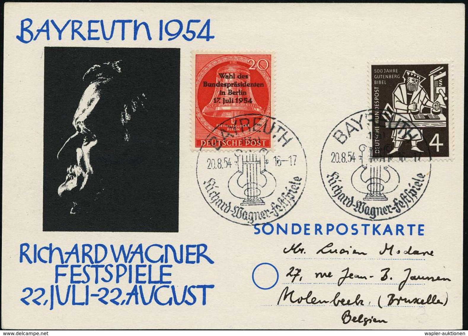 BAYREUTH/ Richard-Wagner-Festspiele 1954 (20.8.) SSt (Lyra) Auf Festspiel-Sonder-Kt. M. Datum (Michaelis Nr.3 + 40.-DM,  - Musique