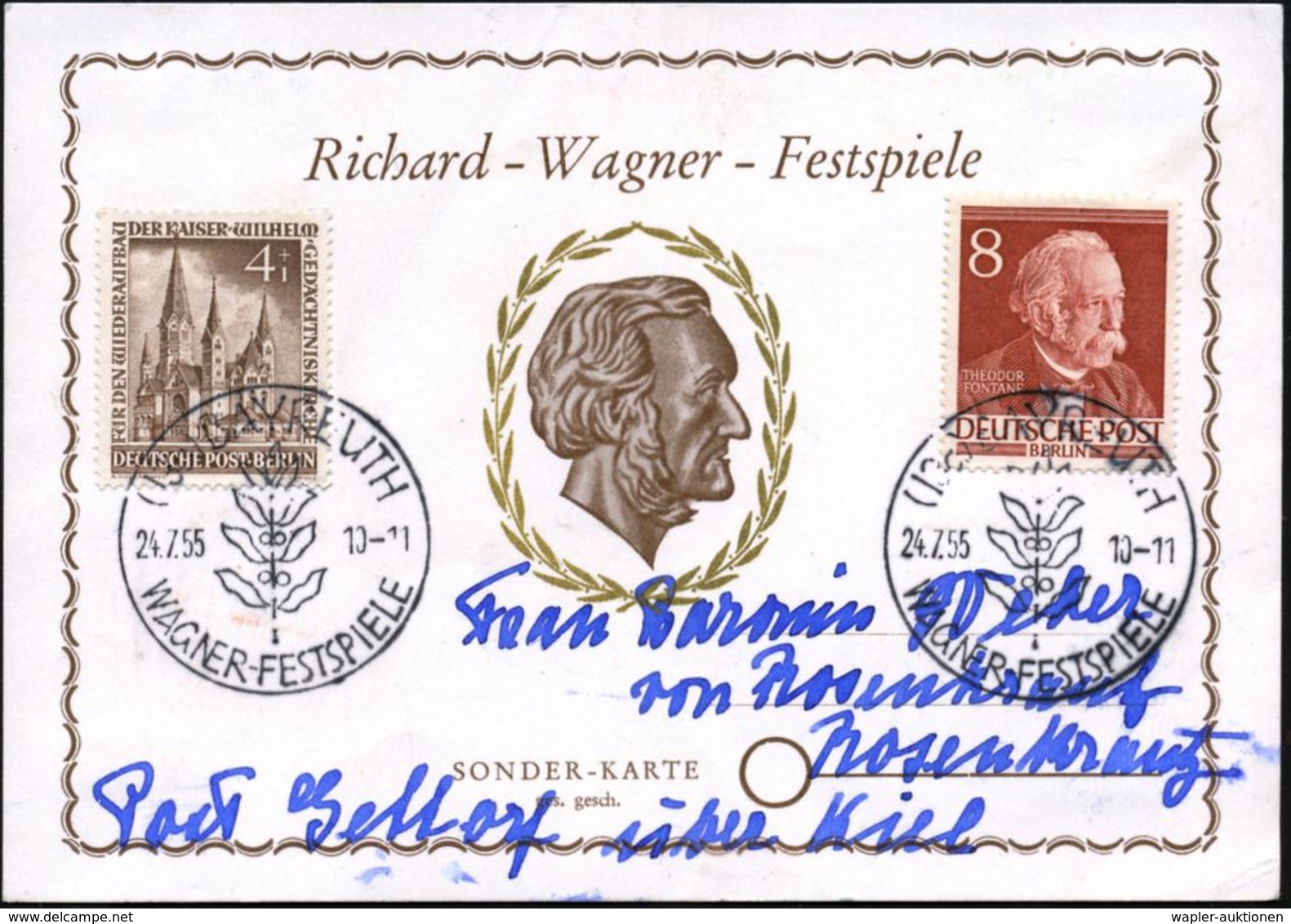 (13a) BAYREUTH/ WAGNER-FESTSPIELE 1955 (24.7.) SSt (Lorbeer) 2x Auf Festspiel-Sonder-Kt.: Wagner Im Lorbeerkranz (Michae - Musik