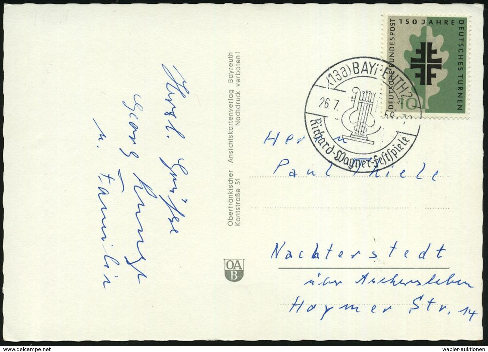 (13a) BAYREUTH 2 / Richard-Wagner-Festspiele 1958 (26.7.) SSt (Lyra) Klar Auf S/w.-Festpiel-Ak. (Wagner + 5 Ansichten) B - Musique