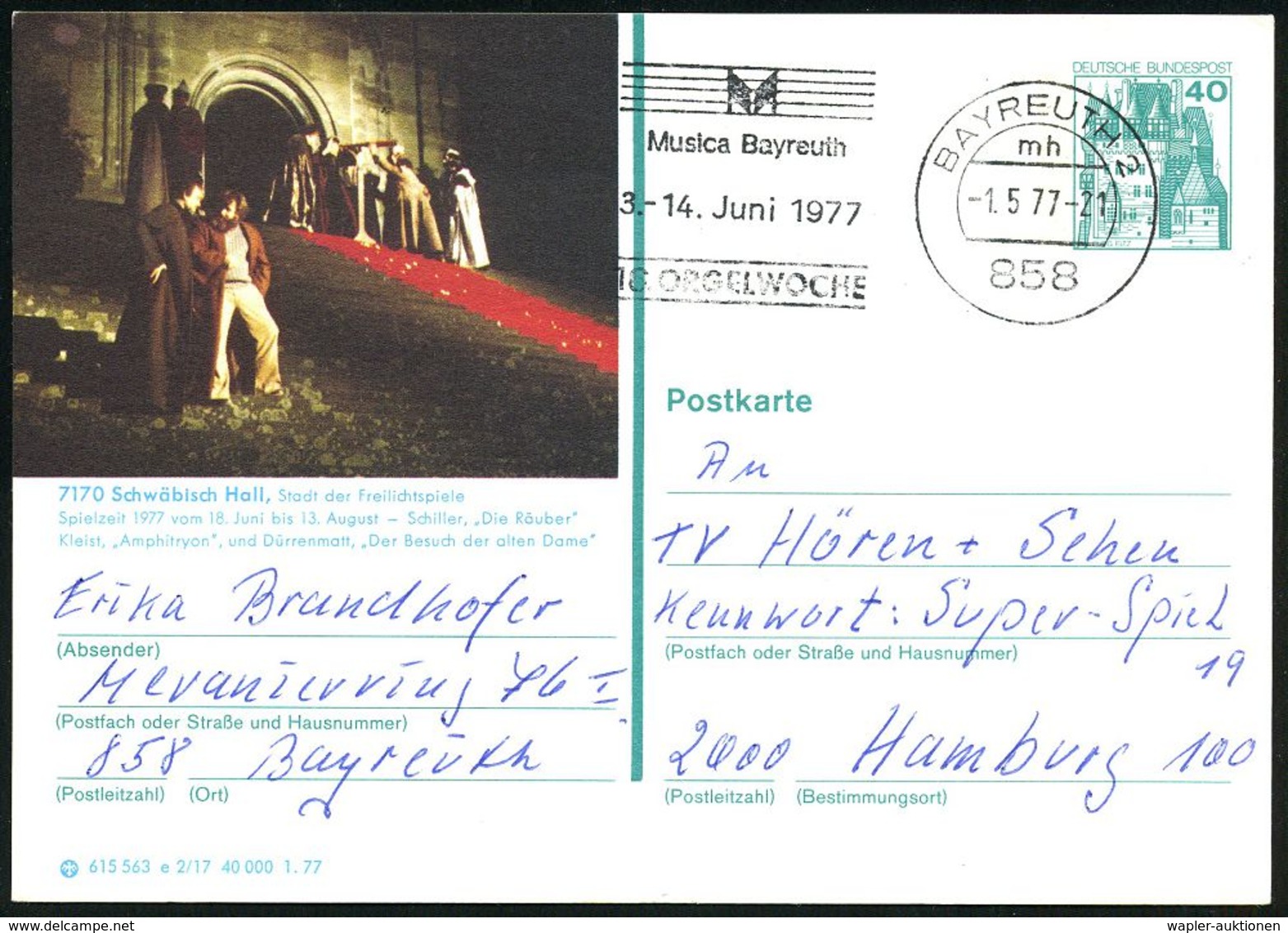 858 BAYREUTH 2/ Mh/ Musica Bayreuth/ ..16.ORGELWOCHE 1977 (1.5.) MWSt (Notenlinien) Auf BiP 40 Pf. Burgen: Freilichtspie - Musique