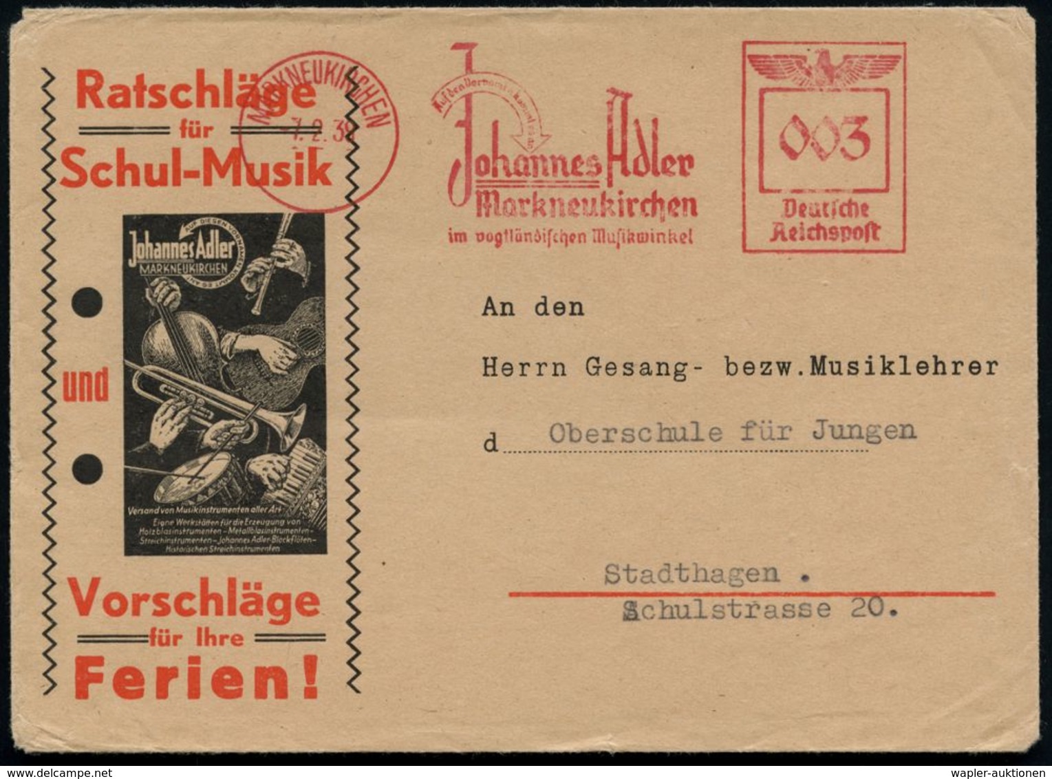 MARKNEUKIRCHEN/ Johannes Adler/ ..im Vogtländischen Musikwinkel 1939 (7.2.) AFS Klar Auf Dekorativem Reklame-Bf.: Johann - Musik