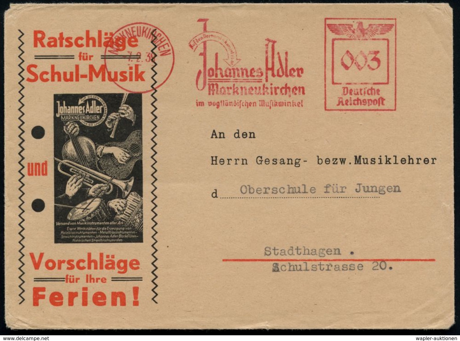 MARKNEUKIRCHEN/ Johannes Adler/ ..im Vogtländischen Musikwinkel 1939 (7.2.) AFS Klar Auf Dekorativem Reklame-Bf.: Johann - Musique