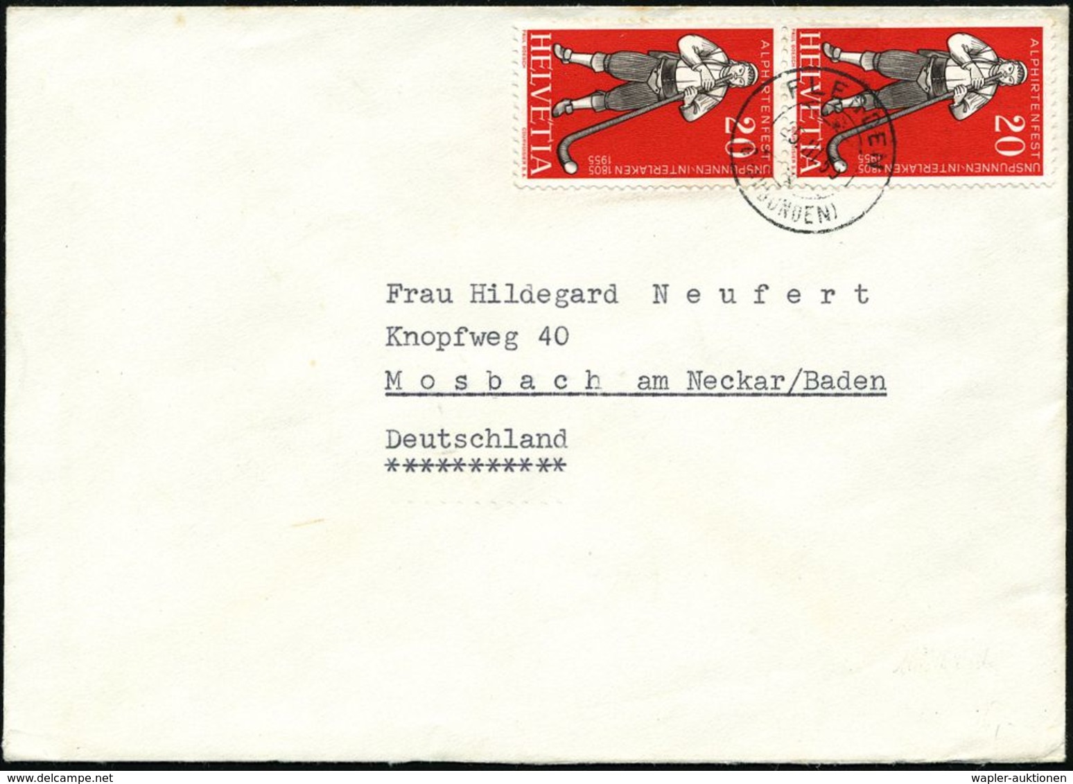 SCHWEIZ 1955 (25.3.) 20 C. Alphorn-Bläser, Reine MeF: Vertikales Paar , Klar Gest. (FLERDEN), Ausl.-Bf.  (Mi.609 MeF) - - Musik
