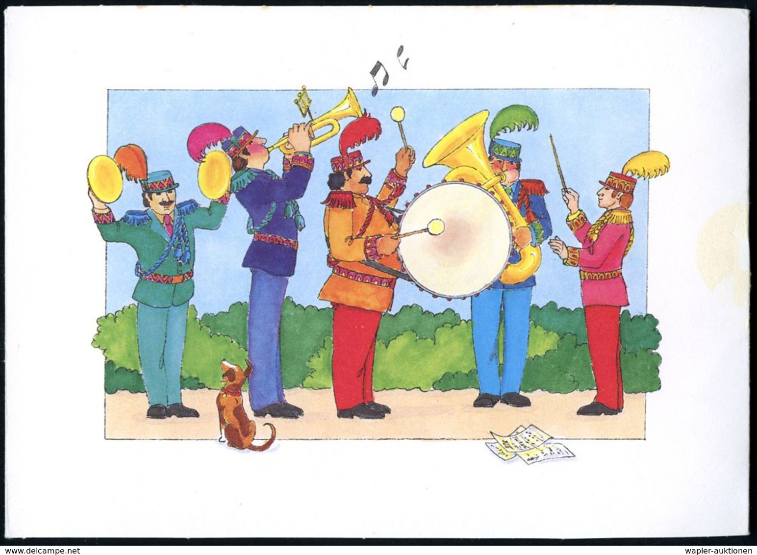SCHWEIZ 1986 Schmuckblatt-Telegramm "Pro Juventute": Uniformiertes Blasorchester (mit Hund) U. Spieluhr-Batterie (natürl - Música
