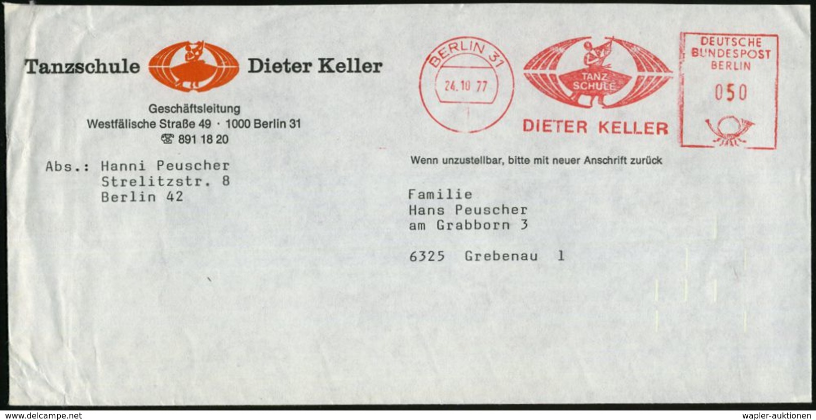 1 BERLIN 31/ TANZ/ SCHULE/ DIETER KELLER 1977 (24.10.) AFS = Logo Mit Tanzpaar , Motivgl., Dekorat. Firmen-Reklame-Bf. ( - Danse