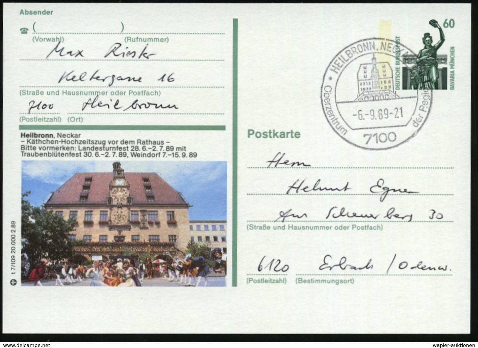 7100 HEILBRONN,NECKAR 1/ Oberzentrum.. 1989 (Sept.) HWSt (histor. Rathaus) Orts- U. Motivgl. BiP 60 Pf. Bavaria: 7100 He - Danse