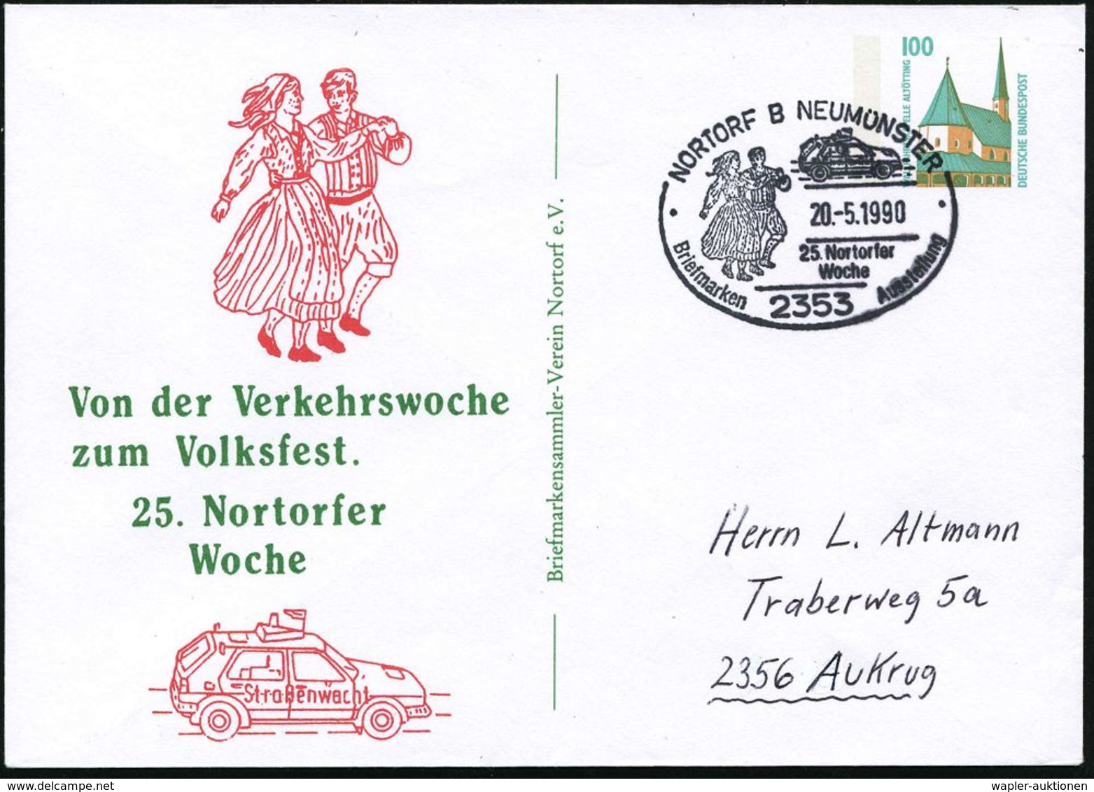 2353 NORTORF B NEUMÜNSTER/ 25.Nortorfer7Woche.. 1990 (20.5.) SSt = VW "Golf" Straßenwacht (+ Trachten-Tanzpaar) Motivgl. - Danse