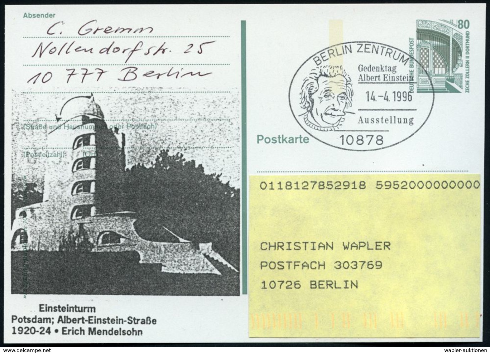 10878 BERLIN-ZENTRUM/ Gedenktag/ Albert Einstein/ Ausstellung 1996 (14.4.) SSt = Kopfbild Einstein Auf Amtl. P 80 Pf. Ze - Prix Nobel