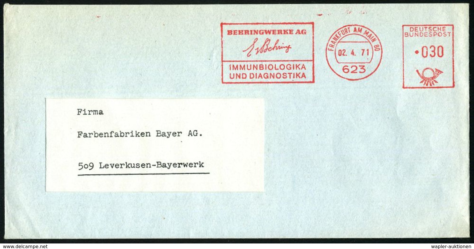 623 FRANKFURT AM MAIN 80/ BEHRINGWERKE AG/ E V Behring.. 1971 (2.4.) AFS = Schriftzug "E V Behring" = Nobepreis 1901 ,rs - Prix Nobel