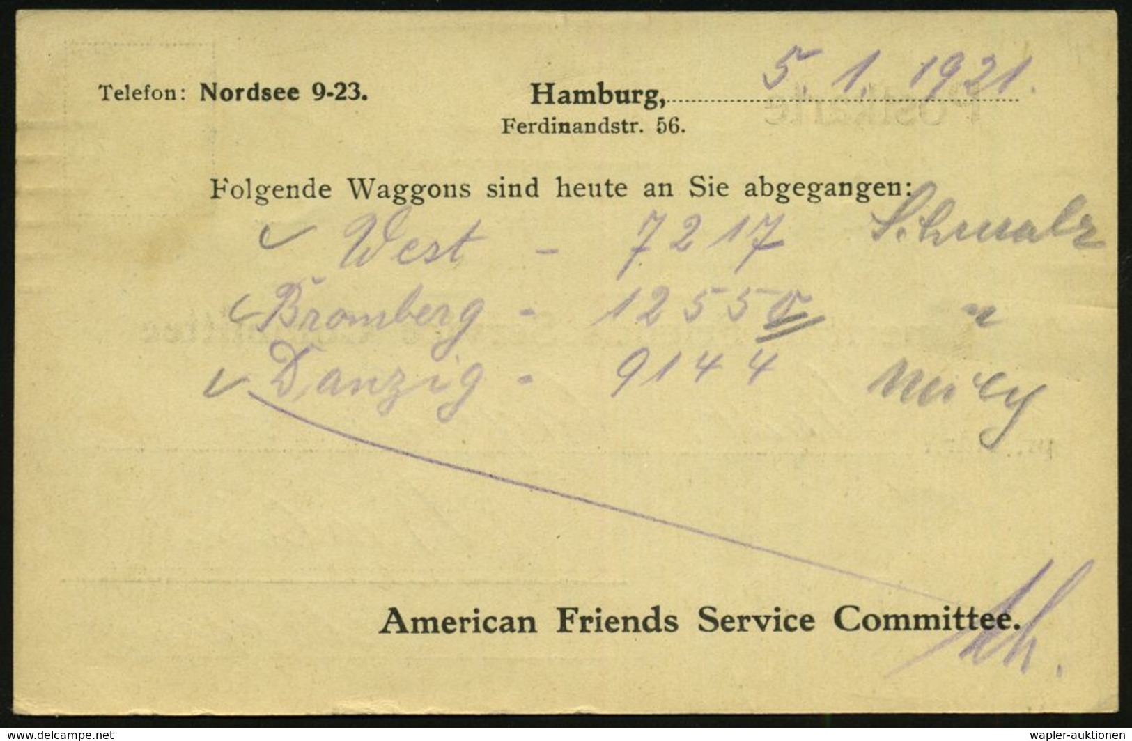 HAMBURG 1 1920 (5.1.) BdMaSt. Auf EF 30 Pf. Germania Auf Seltener Vordruck-Kt.: "American Friends Service Committee" = U - Prix Nobel