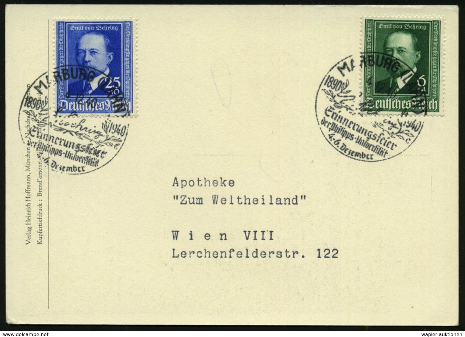 MARBURG (LAHN)/ E.v.Behring/ C/ Erinnerungsfeier.. 1940 (3.12.) SSt Mit UB "c" Auf Kompl. Satz Emil V. Behring = Medizin - Premio Nobel