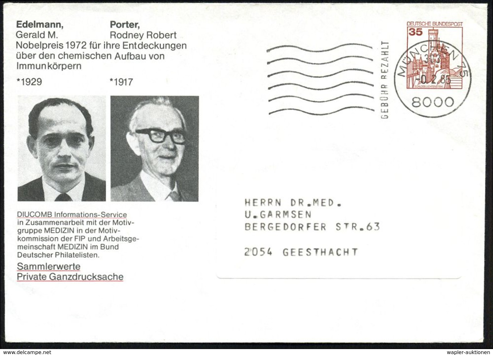 8000 MÜNCHEN 75/ 303/ GEBÜHR BEZAHLT 1985 (Febr.) Absenderstempel = VE Fa. Diucomb Auf PU 35 Pf. Burgen, Braun: G.M. Ede - Prix Nobel