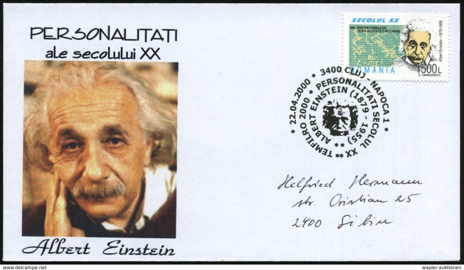 RUMÄNIEN 2000 (22.4.) SSt.: 3400 CLUJ-NAPOCA 1/..ALB.EINSTEIN (1879-1955) (Kopfbild) EF 1500 L. A.Einstein, Inl.-SU: Alb - Prix Nobel