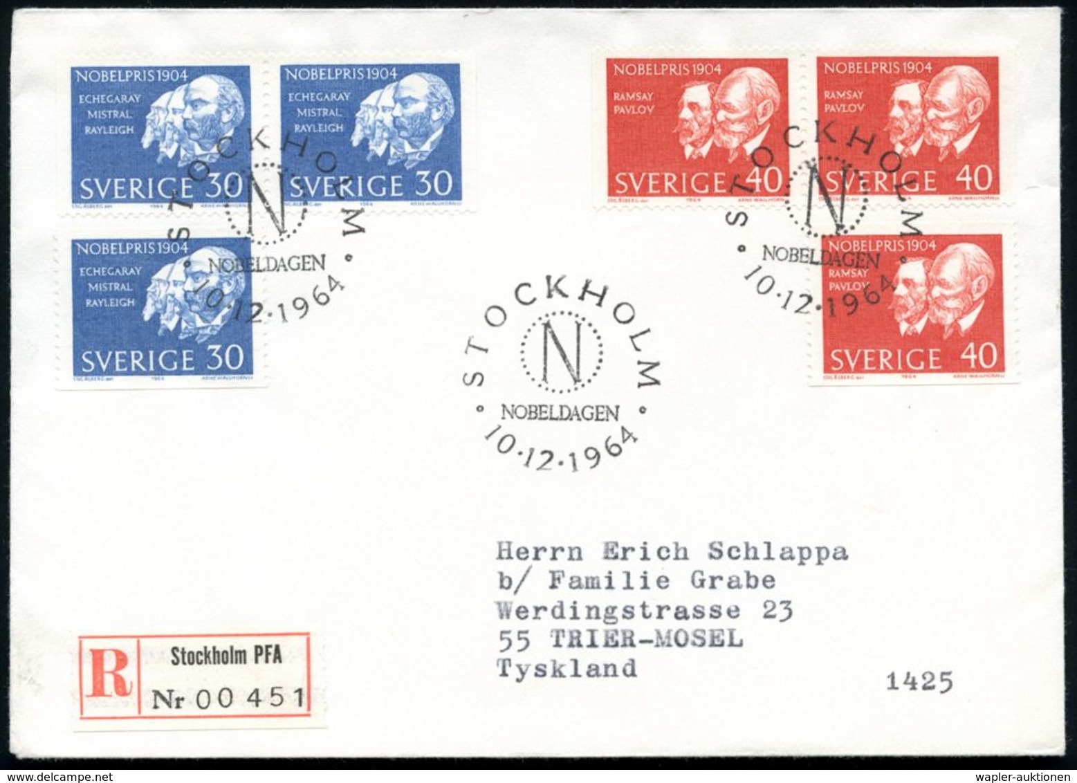 SCHWEDEN 1964 (10.12.) Nobelpreisträger 1904, überkompl. Satz + ET-SSt: STOCKHOLM + RZ: Stockholm P F A, Ausl.-R-FDC + I - Prix Nobel