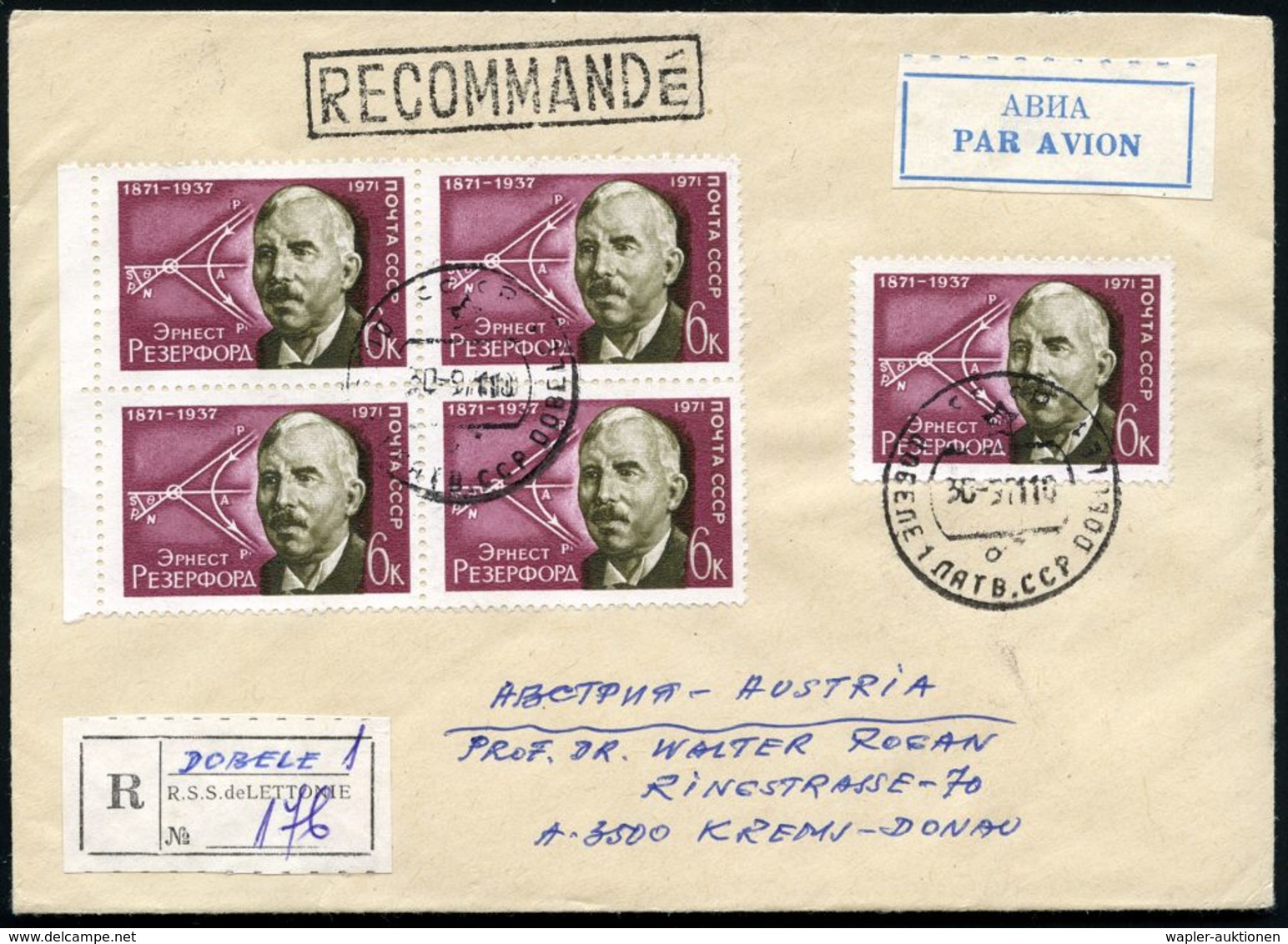 UdSSR 1971 (30.9.) 6 Kop. "100. Geburtstag Ernest Rutherford", Reine MeF: 4er-Block + Einzelstück = Nobelpreis Chemie +  - Prix Nobel