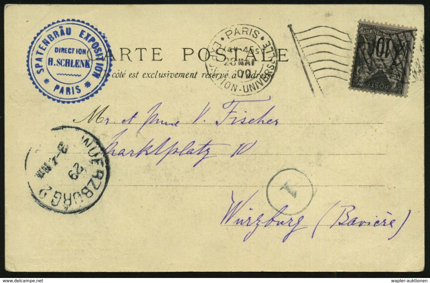 FRANKREICH 1900 (28.5.) MaFlaggensSt.: PARIS/EXPOSITION UNIVERSELLE/ R F (Flagge) + Bl. HdN: SPATENBRÄU EXPOSITION / PAR - Estate 1900: Parigi