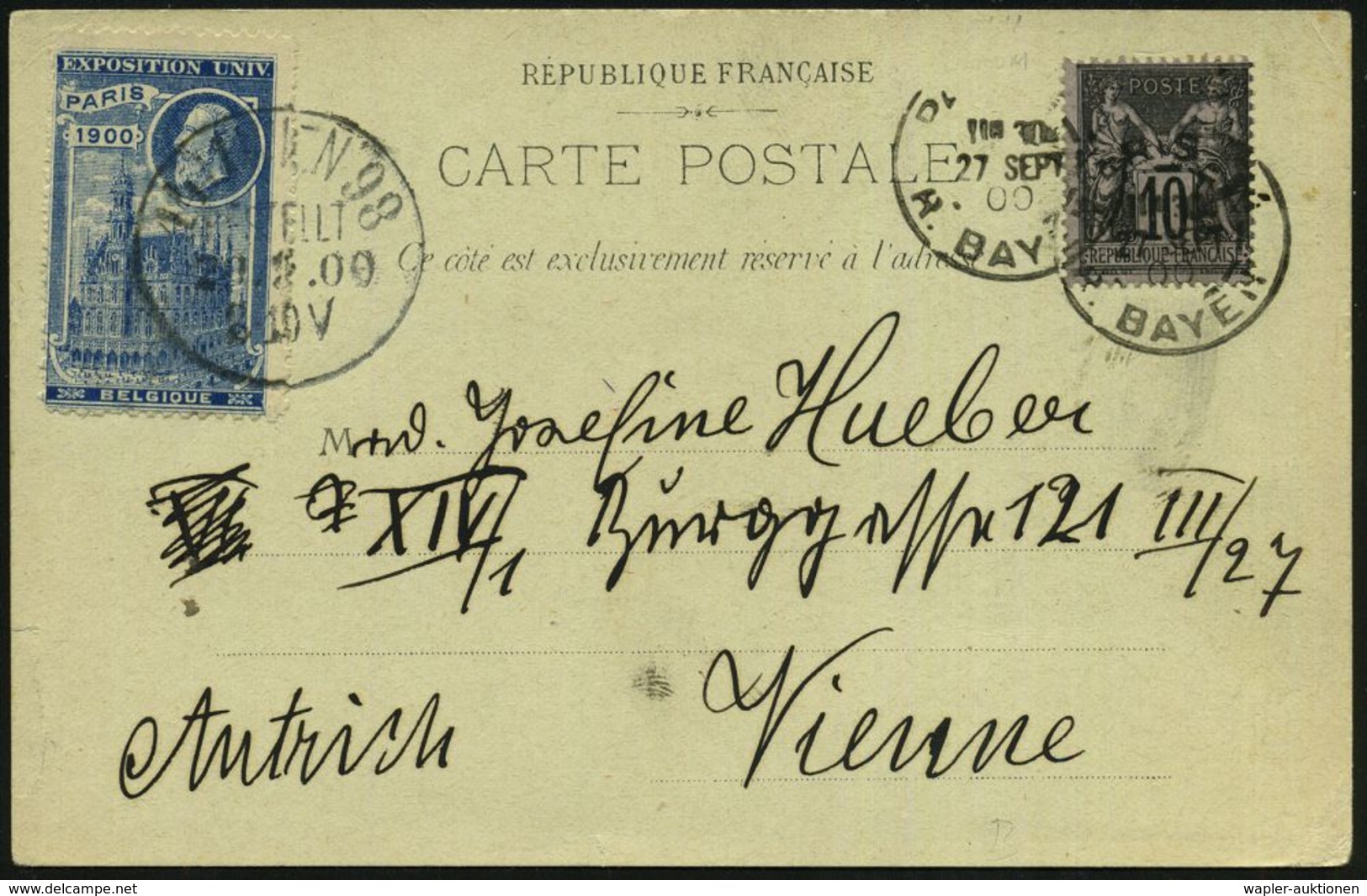 FRANKREICH 1900 (27.9.) 2K: PARIS 11/R. BAYEN + Blaue Vignette: EXPOS. UNIV. PARIS 1900 BELGIQUE (vom AS: WIEN 98 Abgest - Estate 1900: Parigi