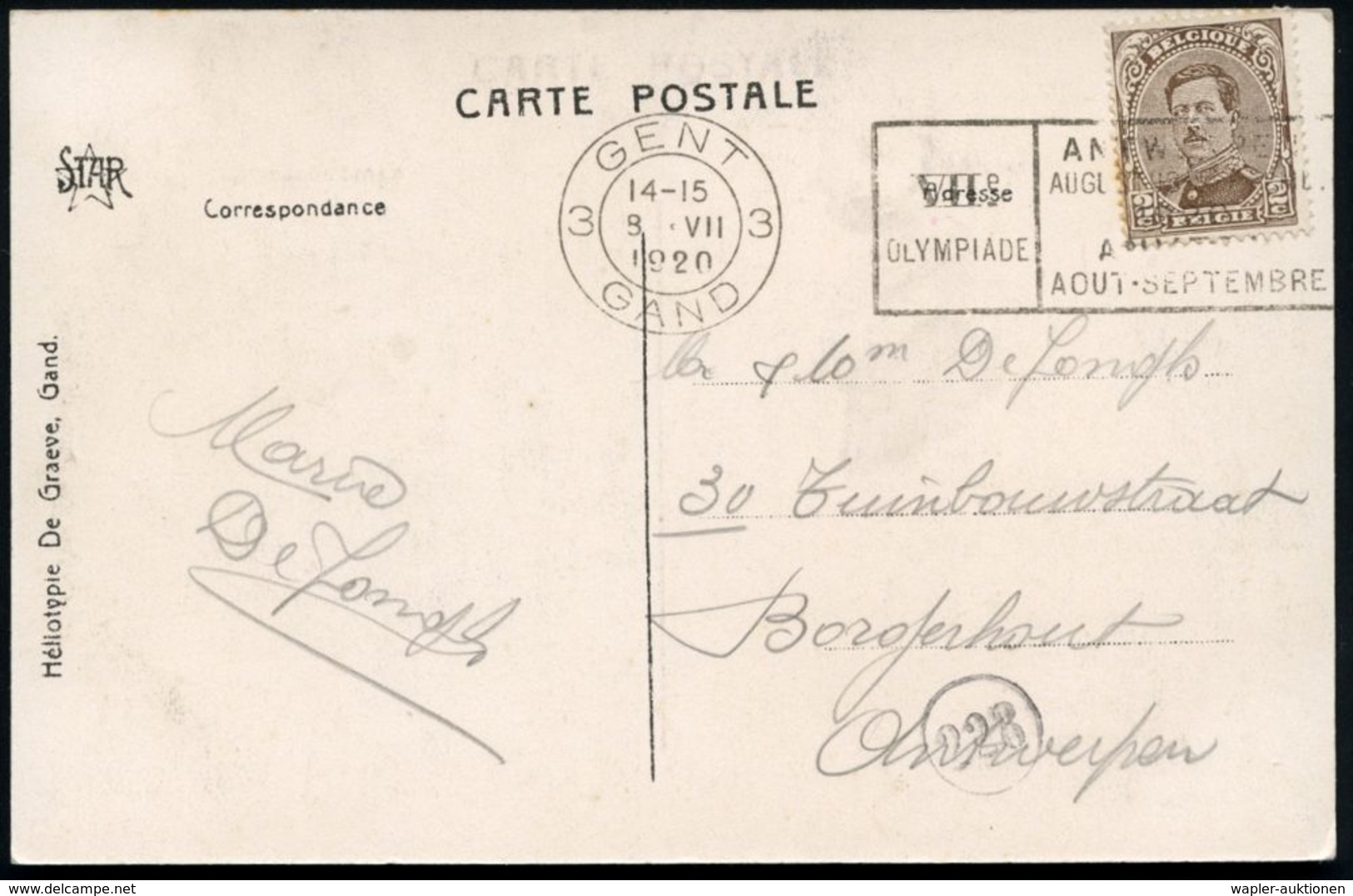 BELGIEN 1920 (16.7.) MWSt: GENT/3/GAND/VIIe/OLYMPIADE.. , S/w.-Foto-Ak.: Mont St.-Amand Gent, Bedarf, Selten!  - - Sommer 1920: Antwerpen