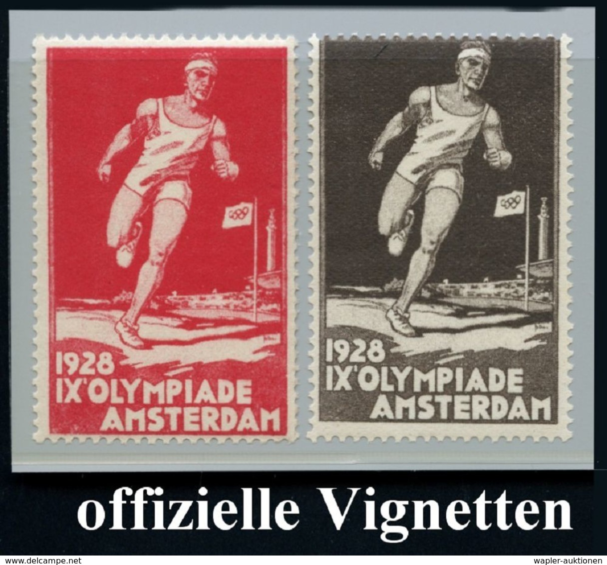 NIEDERLANDE 1928 2 Verschiedene, Amtl. Reklame-Vignetten: IXe OLYMPIADE AMSTERDAM In Rot U. Braun (Läufer, Stadion, Olym - Ete 1928: Amsterdam