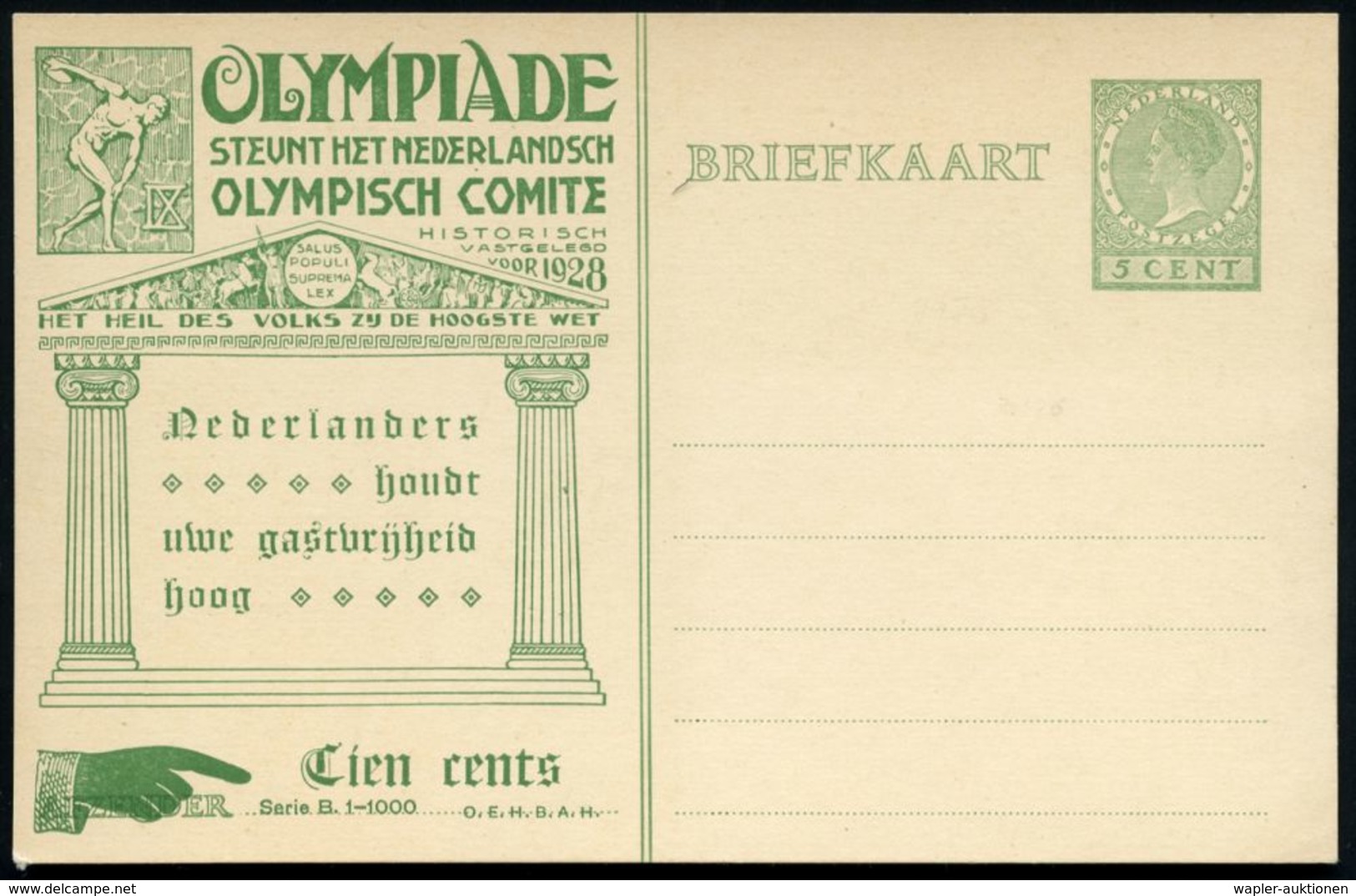 NIEDERLANDE 1927 (16.3.) PP 5 C. Grün: IX. OLYMPIADE/..NEDERLANDSCH/OLYMPISCH COMITE.. (Diskuswerfer, Alt-olympischer Fr - Ete 1928: Amsterdam