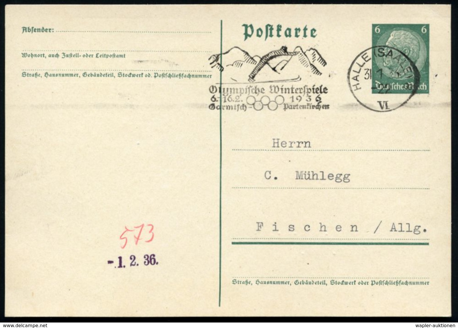 HALLE (SAALE)8/ VI/ Olymp.Winterspiele/ 6.-16.2. 1936 (31.1.) MWSt (Skispringer) Bedarfs-Kt. (Bo.S 187 A, UZ "VI") - - Verano 1936: Berlin