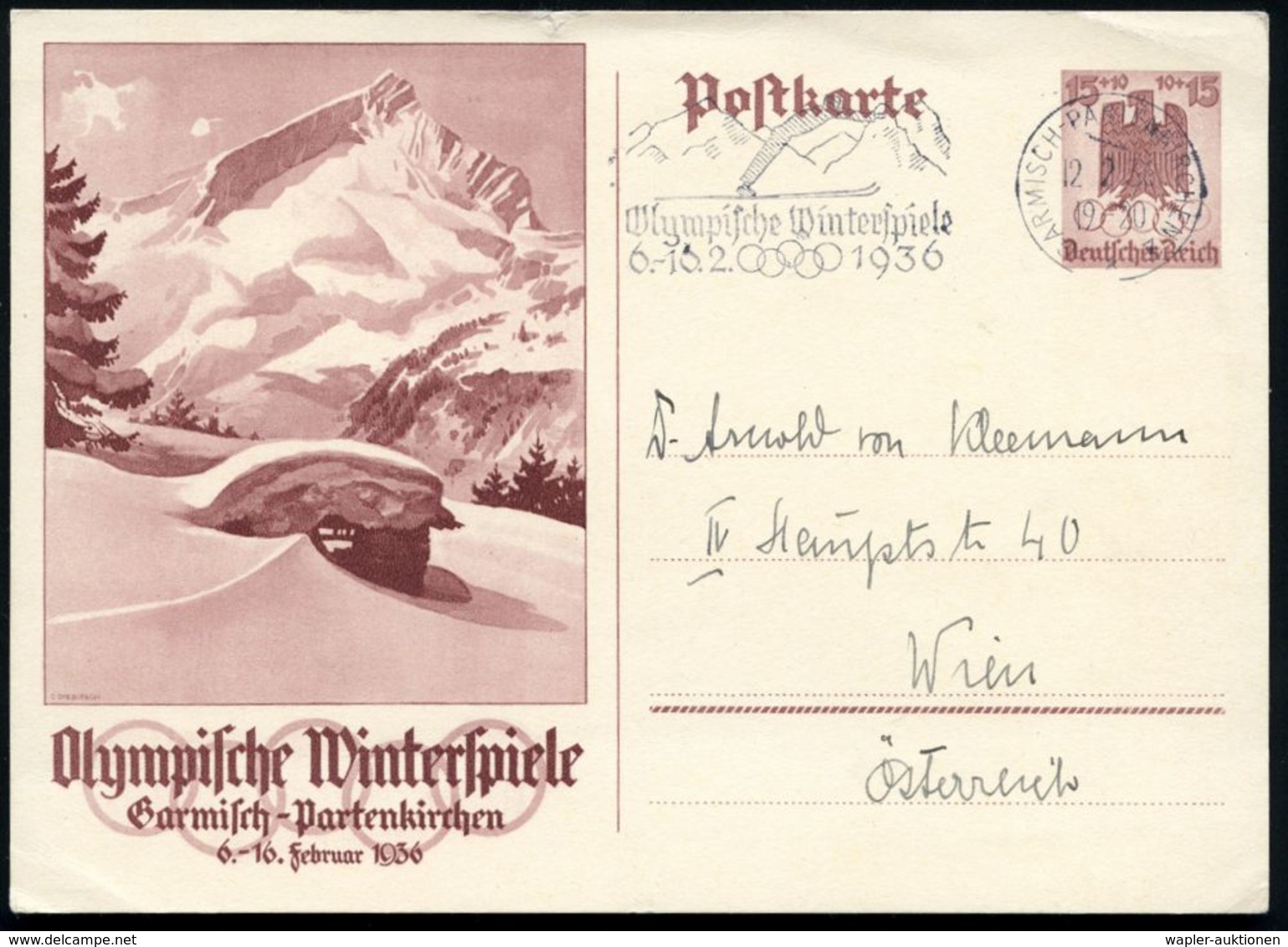 GARMISCH-PARTENKICHEN 2/ */ Olymp.Winterspiele/ 6.-16.2. 1936 (12.2.) MWSt (Skispringer) Auf Passender Sonder-P. 15 + 10 - Ete 1936: Berlin