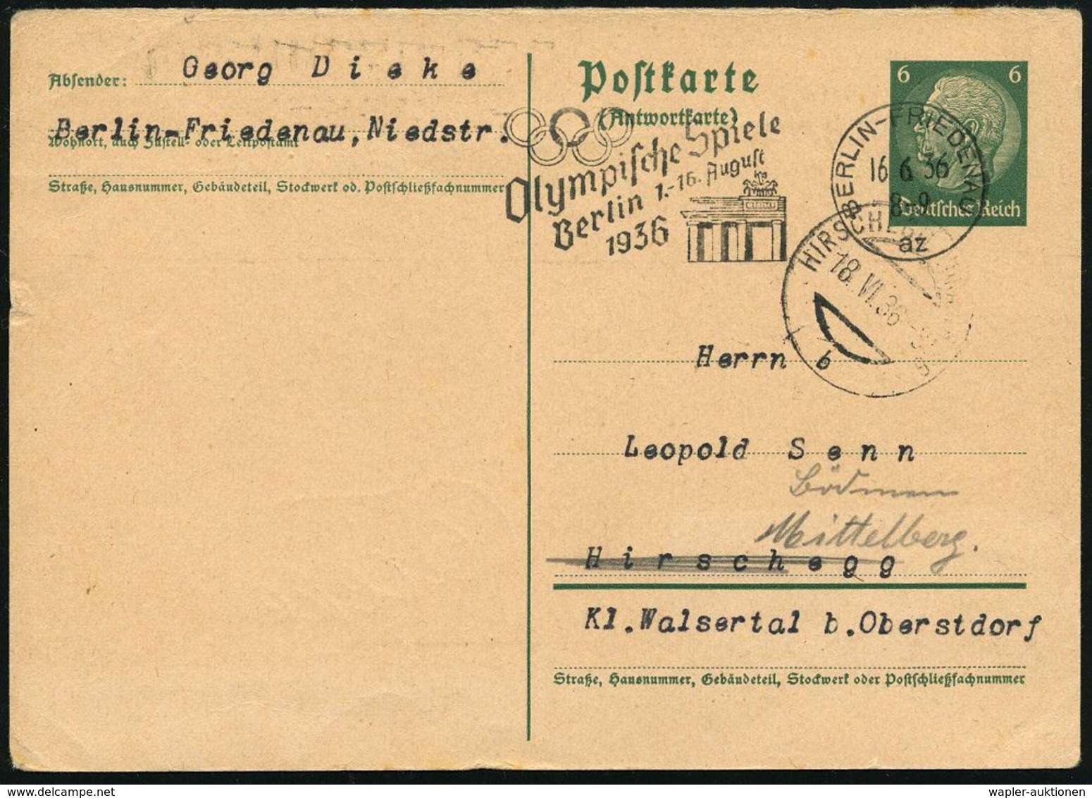 BERLIN-FRIEDENAU/ Az/ Olymp.Spiele/ ..1.-16.Aug. 1936 (16.6.) MWSt Auf  Antwort-P 6 Pf. Hindenbg. , Grün (kl. Randd-Kerb - Sommer 1936: Berlin