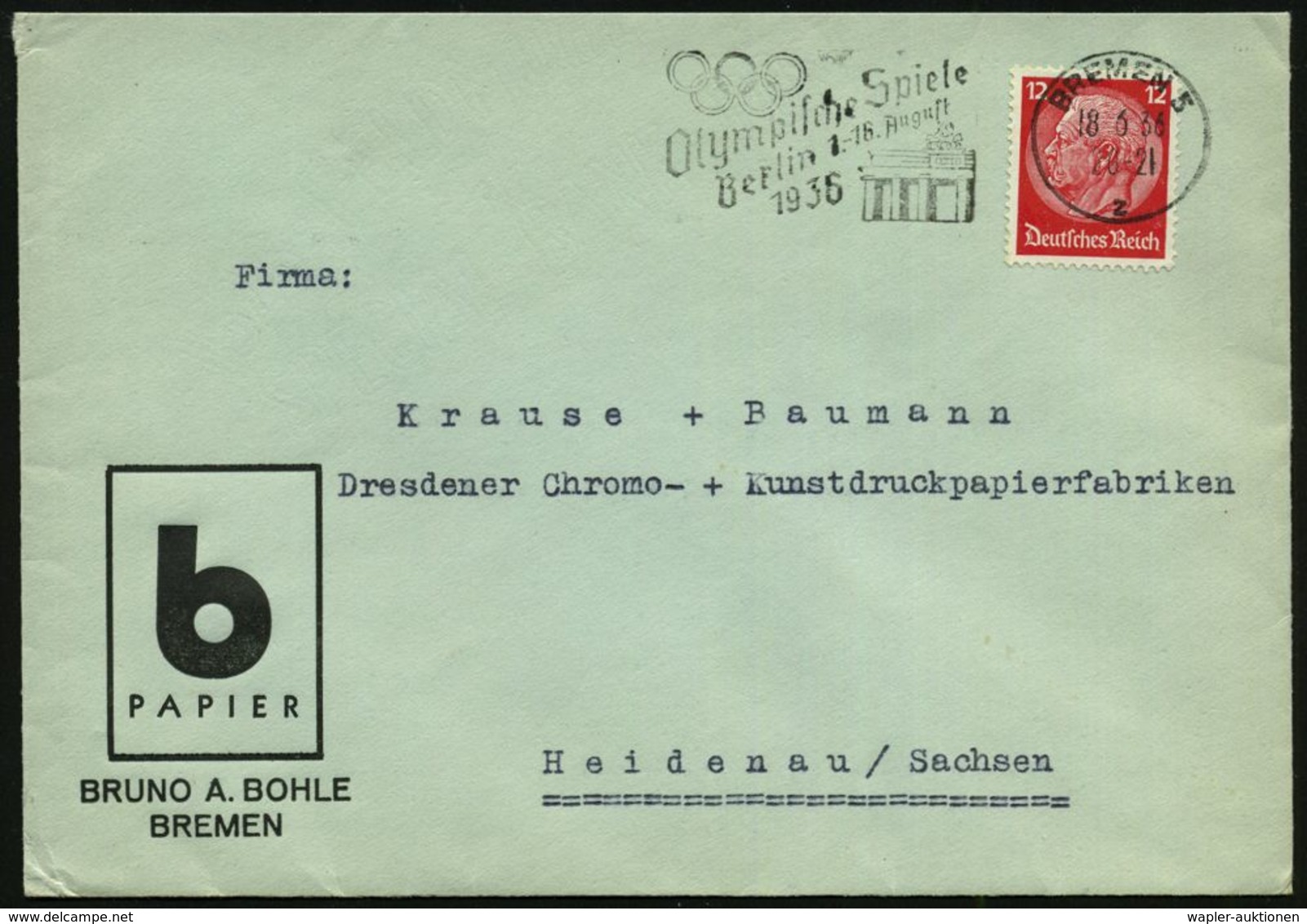 BREMEN 5/ Z/ Olymp.Spiele/ Berlin 1.-16.August 1936 (18.6.) MWSt (Brandenbg.Tor Etc.) Klar Gest. Firmen-Bf. (Bo.S 207 A) - Ete 1936: Berlin