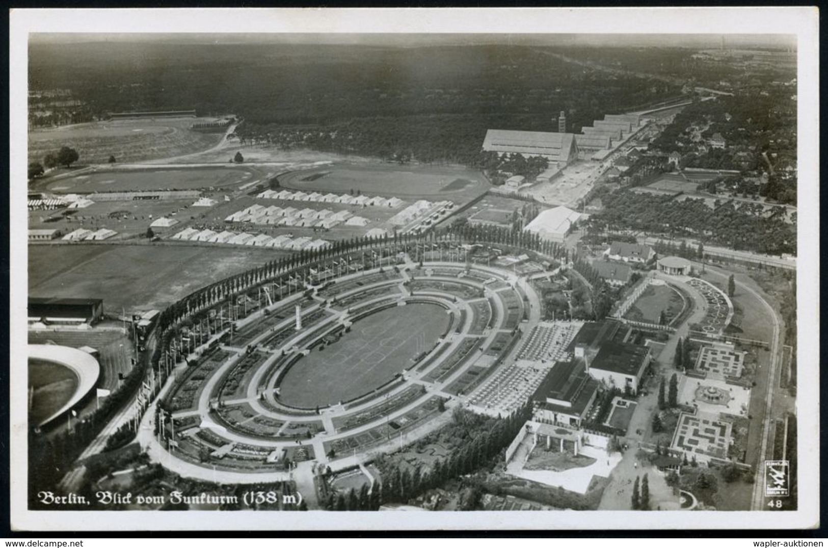 BERLIN K.d.F.-STADT/ H/ XI.Olympiade 1936 (10.8.) SSt (Olympia-Glocke) Auf S/w.-Foto-Ak.: Blick Vom Funkturm Auf Die Oly - Ete 1936: Berlin