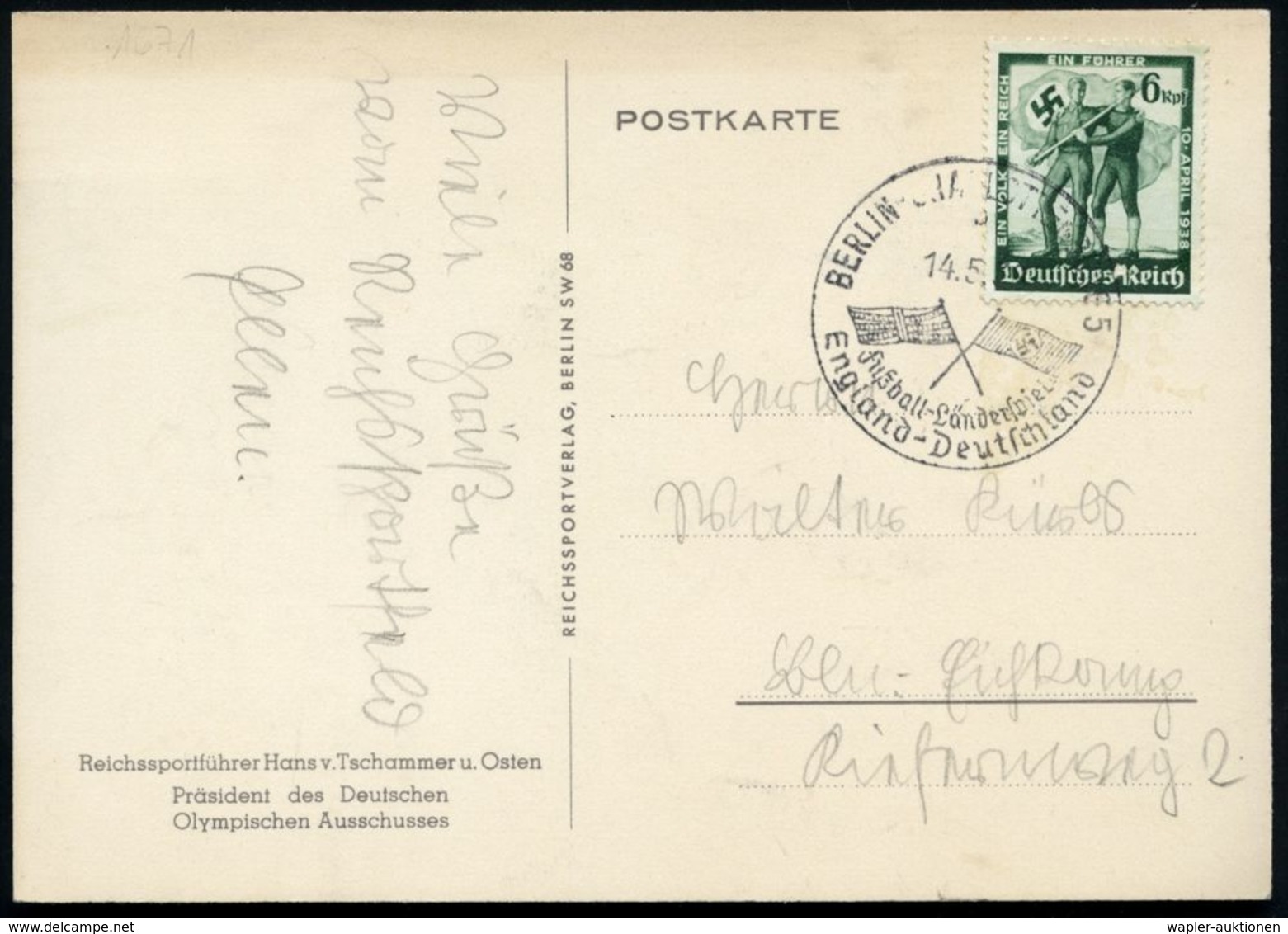 BERLIN-CHARLOTTENBURG 5/ B/ Fußball-Länderspiel/ England-Deutschland 1938 (14.5.) SSt (2 Flaggen) Auf S/w.-Künstler-Ak.: - Summer 1936: Berlin