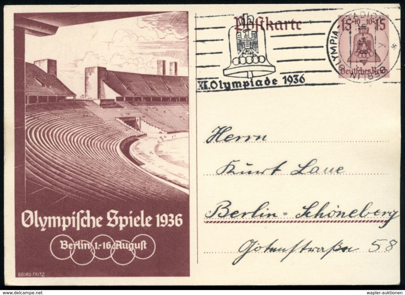 BERLIN OLYMPIA-STADION/ Y/ XI.Olympiade 1936 1936 (1.8.) Seltener Roll-WSt Vom Eröffnungstag Auf Sonder-P. 15 + 10 Pf. O - Ete 1936: Berlin