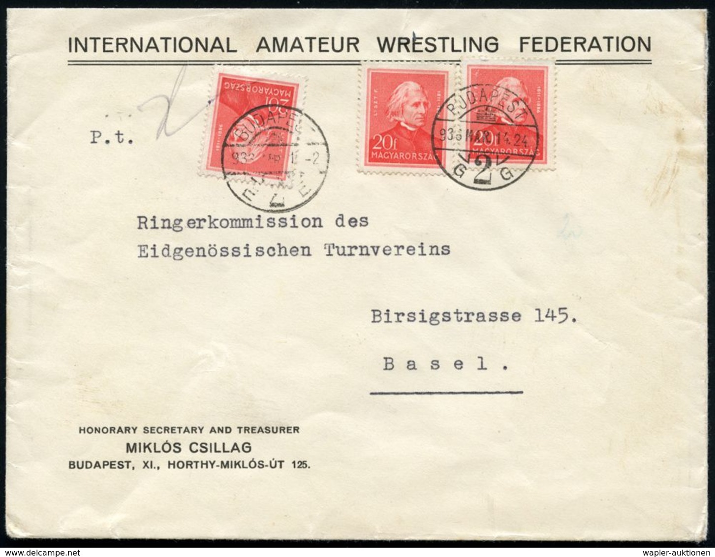 UNGARN 1936 (14.3.) Vordruck-Bf.: INTERNATIONAL AMATEUR WRESTLING FEDERATION Mit Abs. MIKL&Oacute;S CSILLAG (Sekretär U. - Ete 1936: Berlin