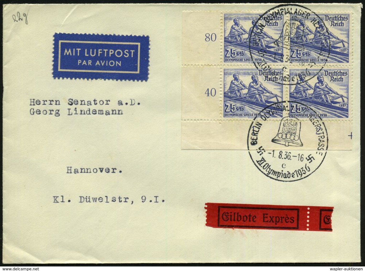 BERLIN OLYMPIALAGER HEERSTRASE/ C/ XI.Olympische Spiel 1936 (1.8.) SSt = Olympia-Glocke 2x Auf Eckrand-4er-Block 25 + 15 - Estate 1936: Berlino