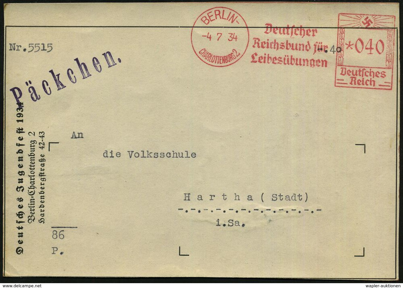 BERLIN-/ CHARLOTTENBURG 2/ Deutscher/ Reichsbund Für/ Leibesübungen 1934 (4.7.) Seltener AFS 040 Pf. = Nationales Olymp. - Ete 1936: Berlin