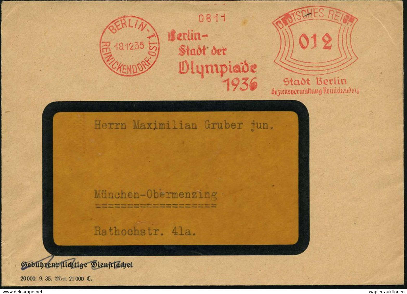 BERLIN-/ REINICKENDORF-OST 1/ Berlin-/ Stadt Der/ Olympiade/ 1936/ ..Bez.Verw.Reinickendorf 1935 (18.12.) Seltener AFS , - Ete 1936: Berlin