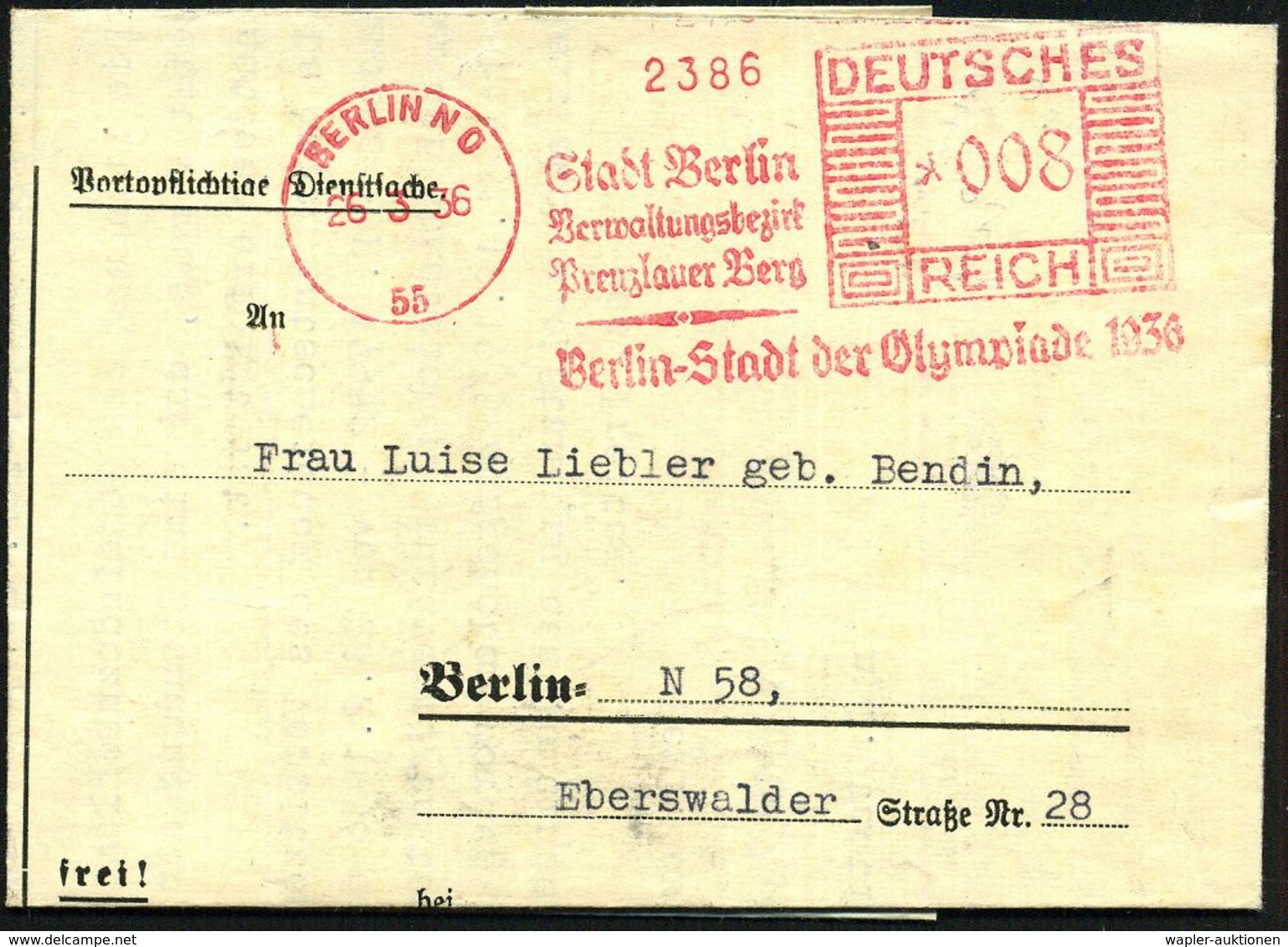 BERLIN NO/ 55/ Stadt Berlin/ ..Prenzlauer Berg/ Berlin-Stadt Der Olympiade 1936 1936 (26.3.) Seltener AFS Klar Auf Klein - Verano 1936: Berlin