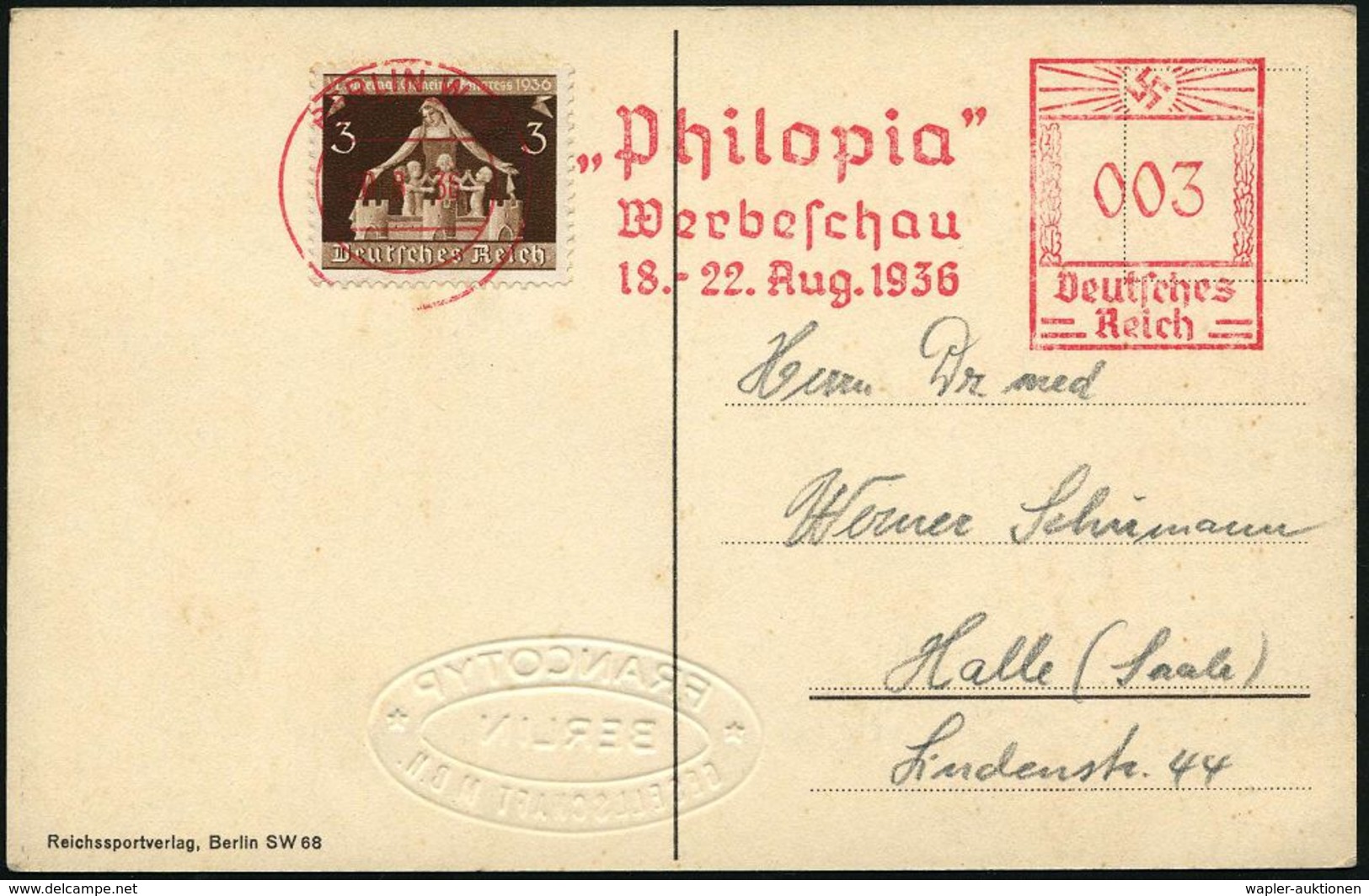 BERLIN W 62/ "Philopia"/ Werbeschau/ 18.-22.Aug. 1936 (20.8.) Sehr Seltener AFS 003 Pf. = Philatel. Olympia-Ausstellung  - Ete 1936: Berlin