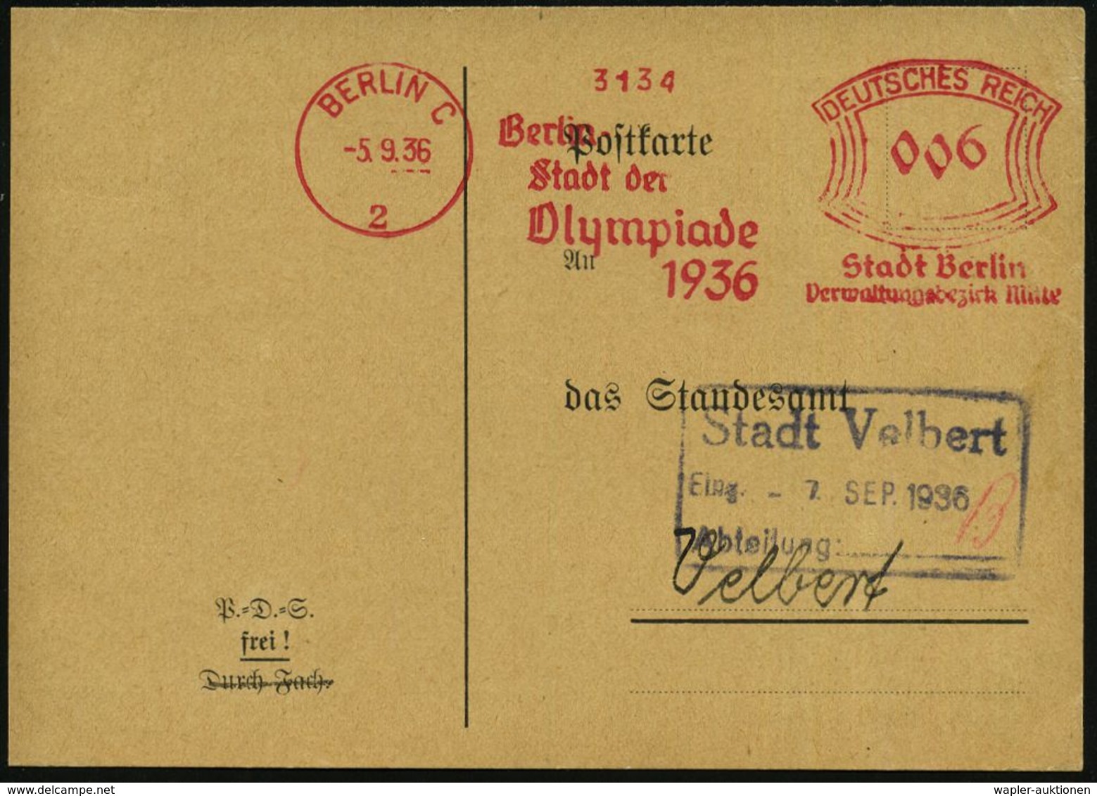 BERLIN C/ 2/ Berlin-/ Stadt Der/ Olympiade/ 1936/ Stadt Berlin/ Verwaltungsbez.Mitte 1936 (5.9.) Seltener AFS Klar Gest. - Ete 1936: Berlin