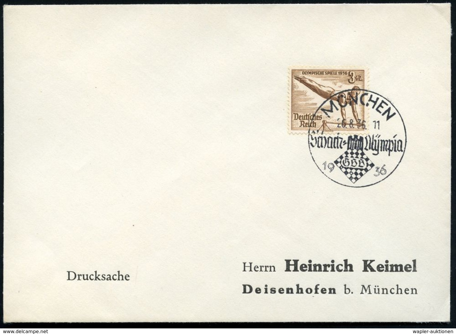 MÜNCHEN/ Schach=Olympia/ GBB 1936 (26.8.) SSt = Schachbrett (,it Monogramm-Logo) Glasklar Auf EF 3 + 2 Pf. Olympia (Mi.6 - Ete 1936: Berlin