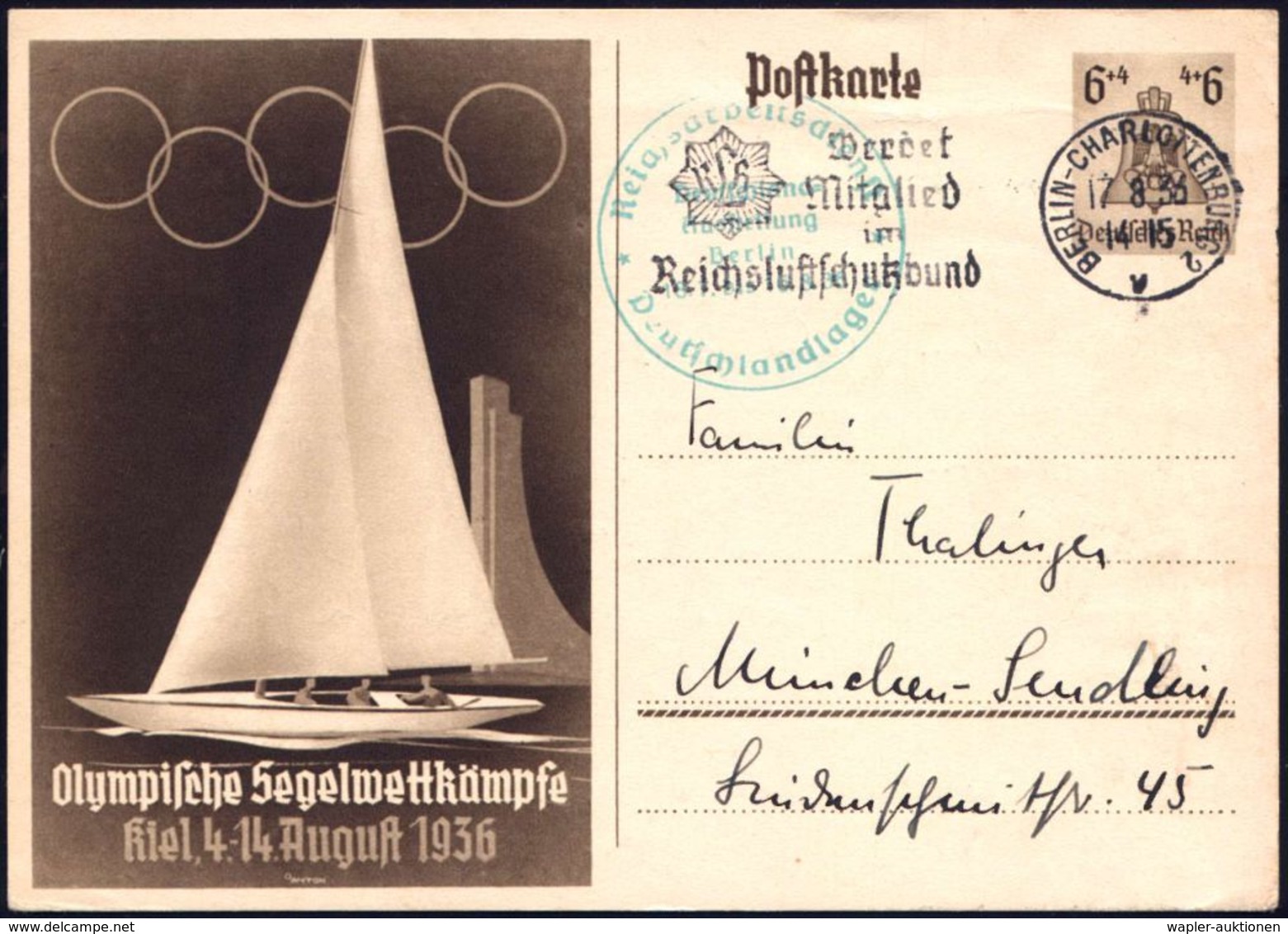 Berlin-Charlottenbg. 1936 (17.8.) Olympia-Sonder-P. 6 + 4 Pf. Olympiade Segeln , Grüner 1K-HdN: Reichsarbeitsdienst/ Deu - Sommer 1936: Berlin