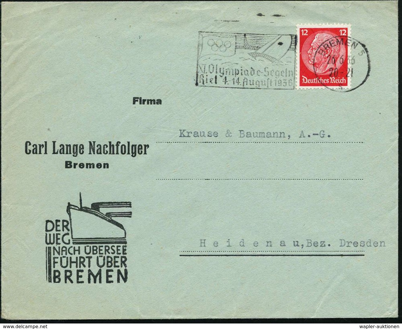 BREMEN5/ S/ XI.Olympiade Segeln/ Kiel 4.-14.Aug. 1936 (Juni) Seltener MWSt (Segelboot, Olymp.-Flagge)  Reklame-Bf.: DER  - Estate 1936: Berlino