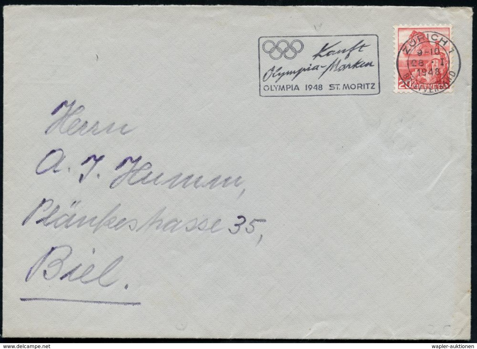 SCHWEIZ 1948 (Jan.) MWSt: ZÜRICH 1/Kauft/Olympia-Marken/OLYMPIA 1948.. (Olymp. Ringe) Klar Gest. Bedarfs-Bf. - - Ete 1948: Londres